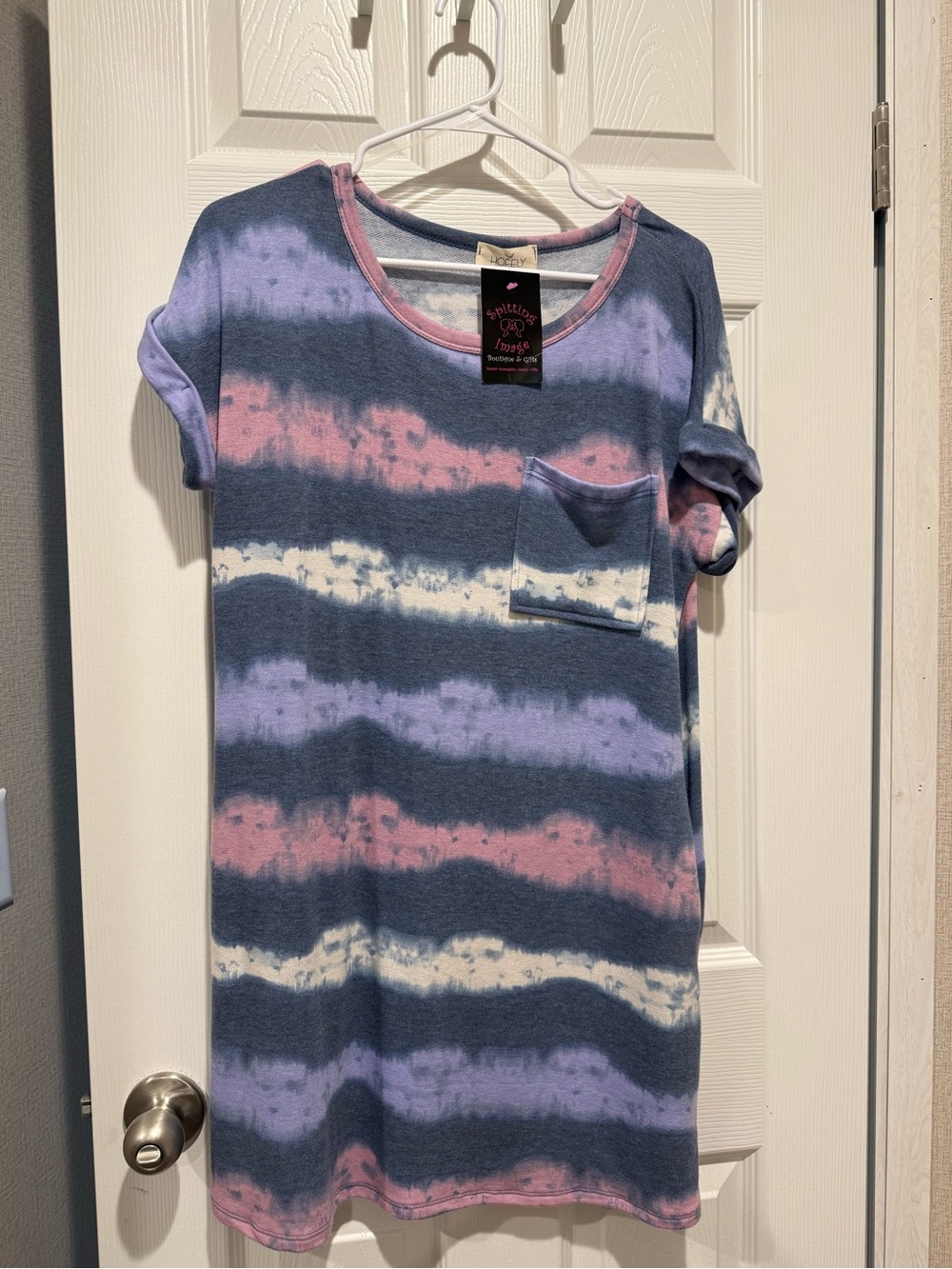 Casual Tie-Dye Pocket Short Sleeve Dress - Blue, Pink & White